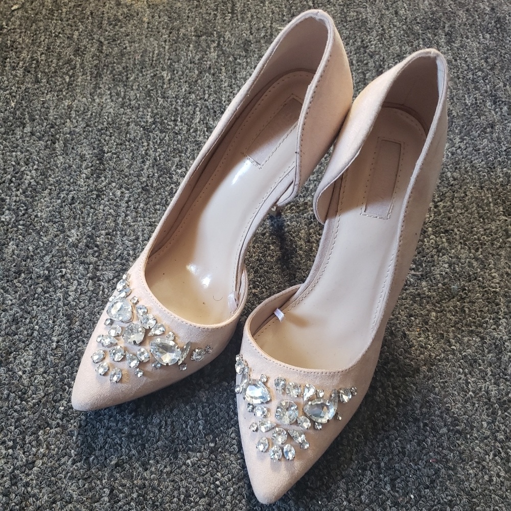 Faux Suede Embellished Heels